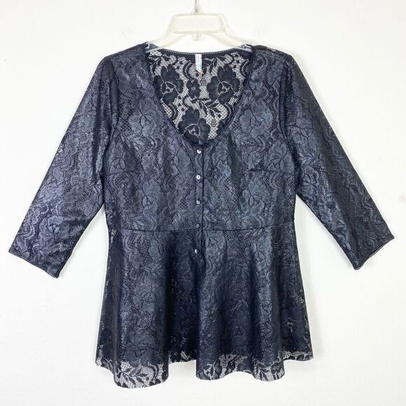 Free People Black Shimmer Sheer Floral Lace Henley Neck Flare Blouse Top Size L - Picture 3 of 7